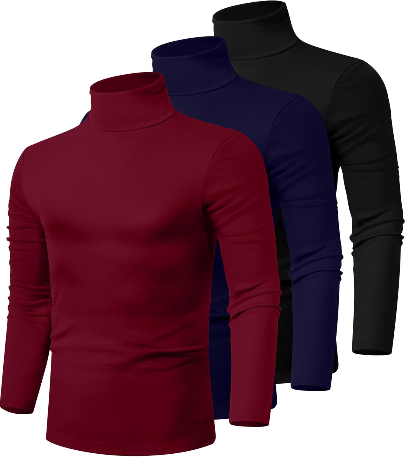 3 Pack Men's Turtleneck Shirts, Long Sleeve Cotton Pullover Sweaters Mock Neck Knitted T-Shirt Basic Slim Fit Tops