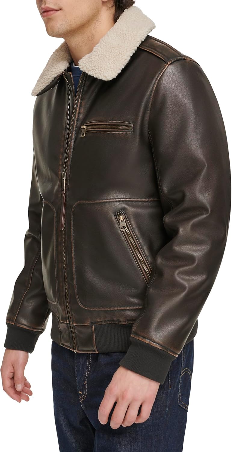 Men's Faux Leather Aviator Bomber Jacket with Sherpa Collar - Image 2