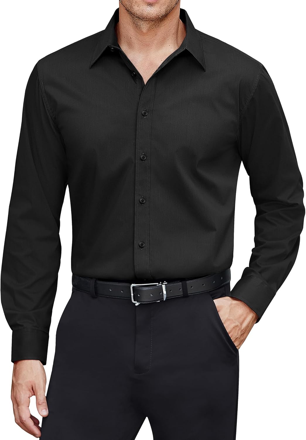 Men Dress Shirts Stretch Stain Shield Long Sleeve Solid Formal Shirt Business Casual Button Down Shirts