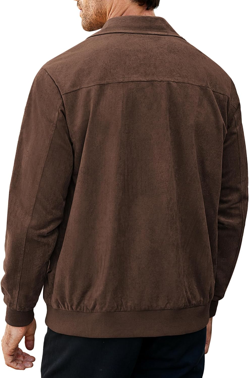 Men's Casual Suede Bomber Jacket Lightweight Full Zip Up Jackets Vintage Faux Leather Jacket - Image 2