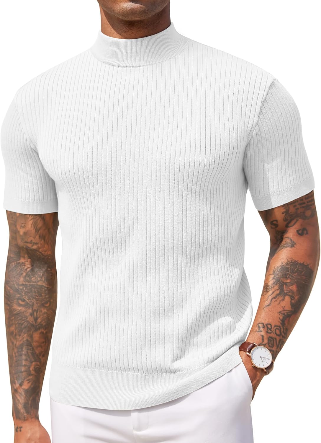 Men's Mock Turtleneck Sweater Short Sleeve Casual Basic Tops Ribbed Knit Pullover Solid Tee