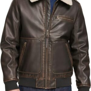 Men's Faux Leather Aviator Bomber Jacket with Sherpa Collar
