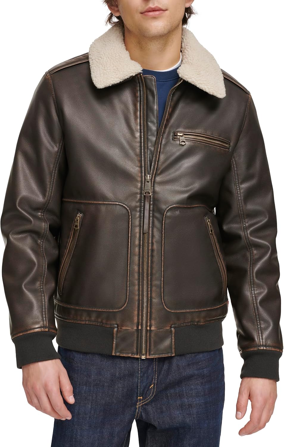 Men's Faux Leather Aviator Bomber Jacket with Sherpa Collar